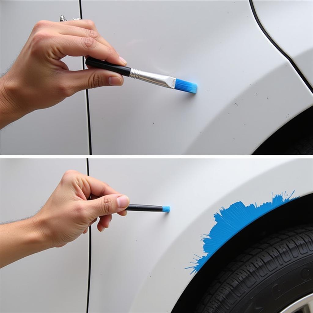 DIY car body repair: Applying touch-up paint to a small scratch on a car fender.