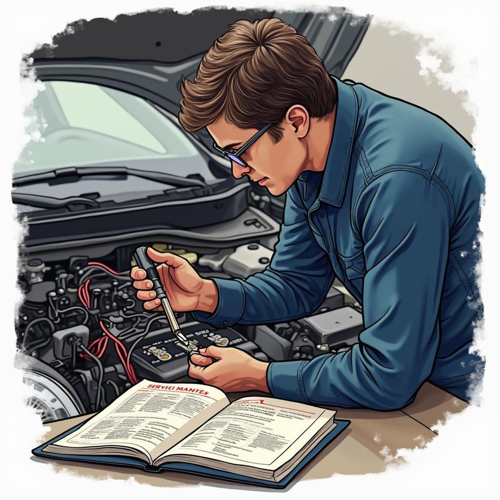 A person using a service manual while working on car electrics