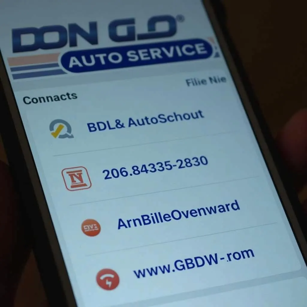 Don Glo Auto Service contact information displayed on a mobile phone.