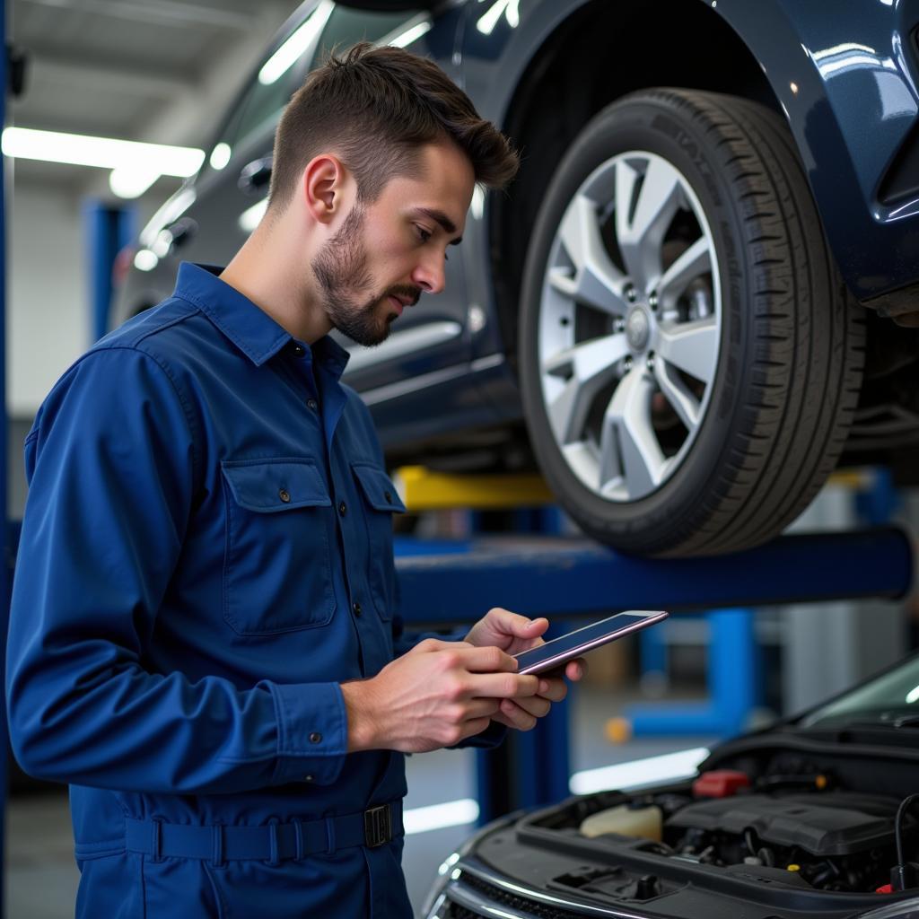 Mechanic inspecting a car during a routine checkup