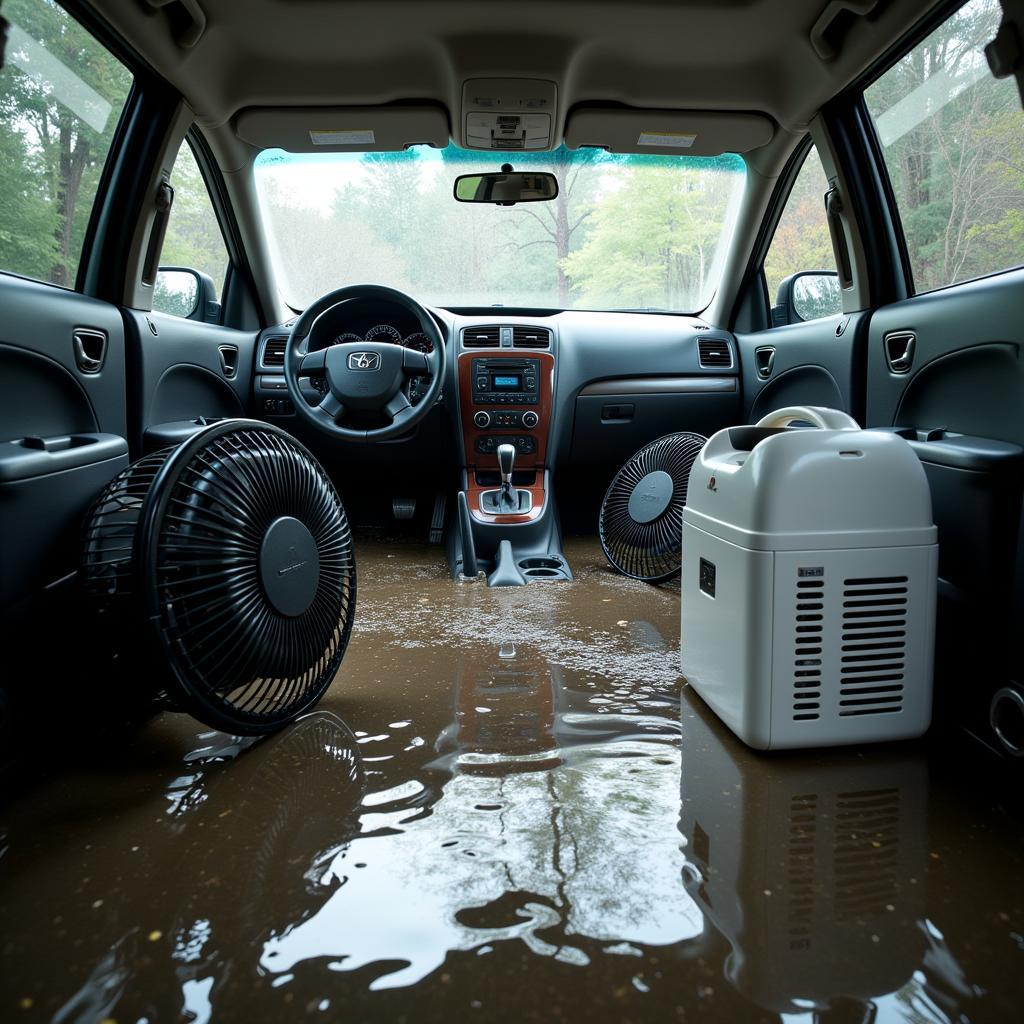 Drying a flooded car's interior using fans and dehumidifiers