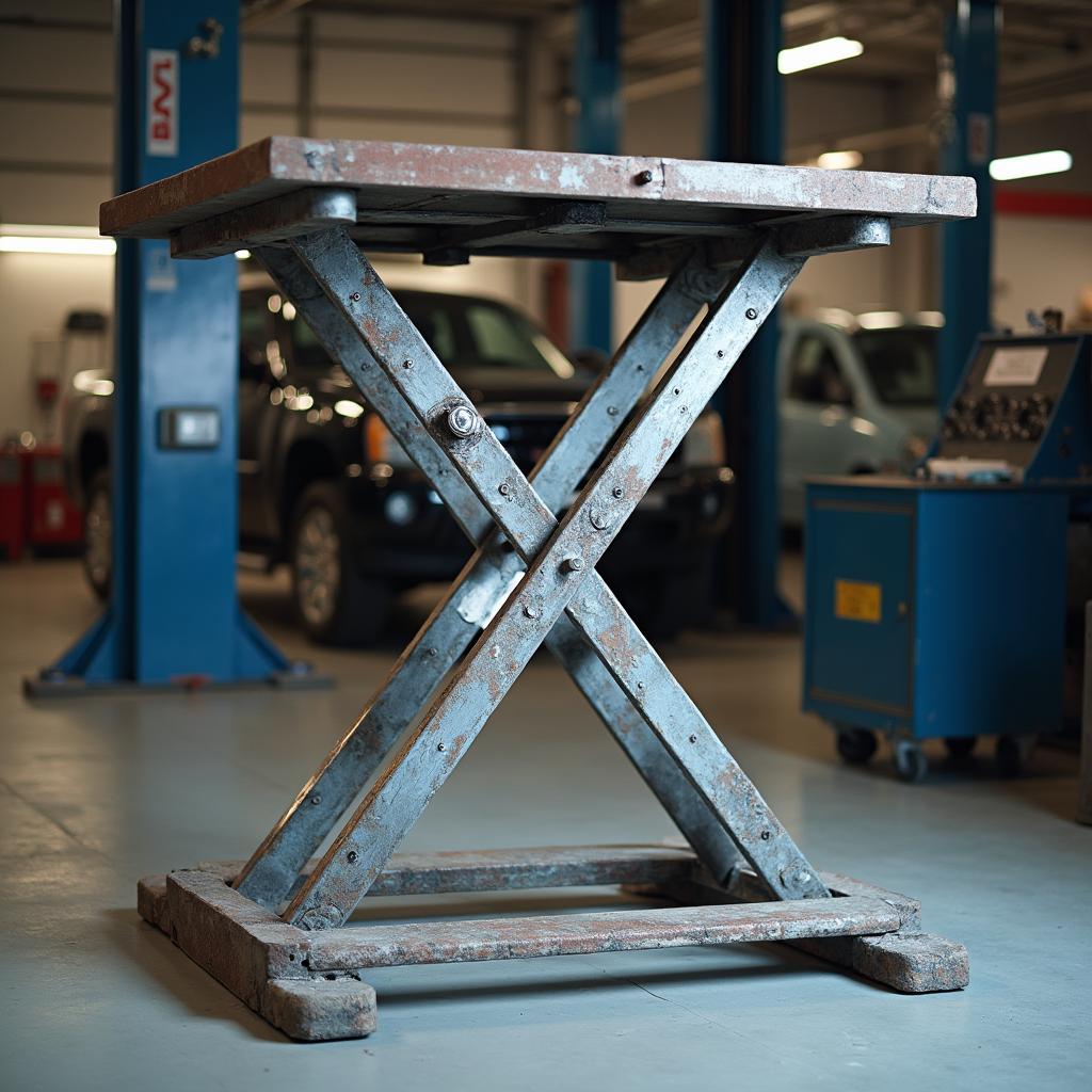 Heavy-duty steel auto service podium in a bustling repair shop