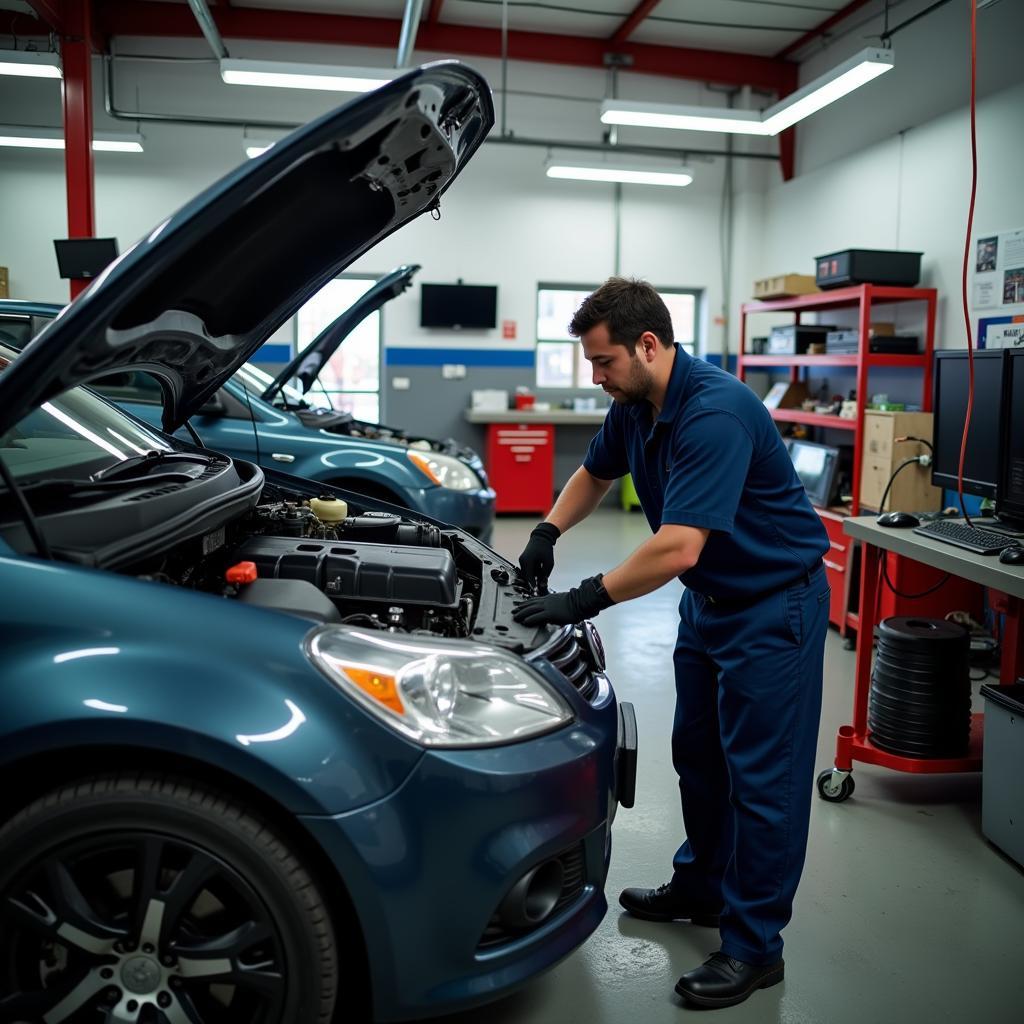 Mechanic working on a car engine in a Durham auto repair shop