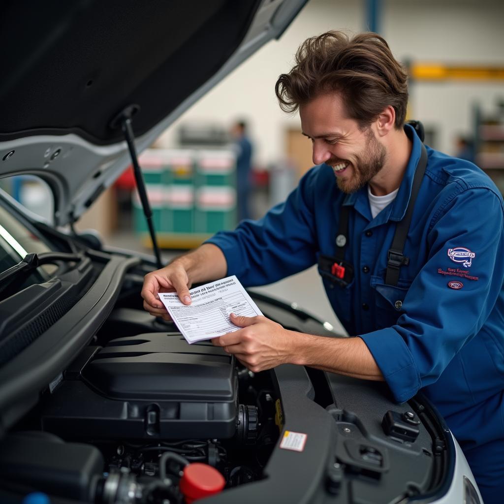 Mechanic handing a coupon to a smiling car owner.