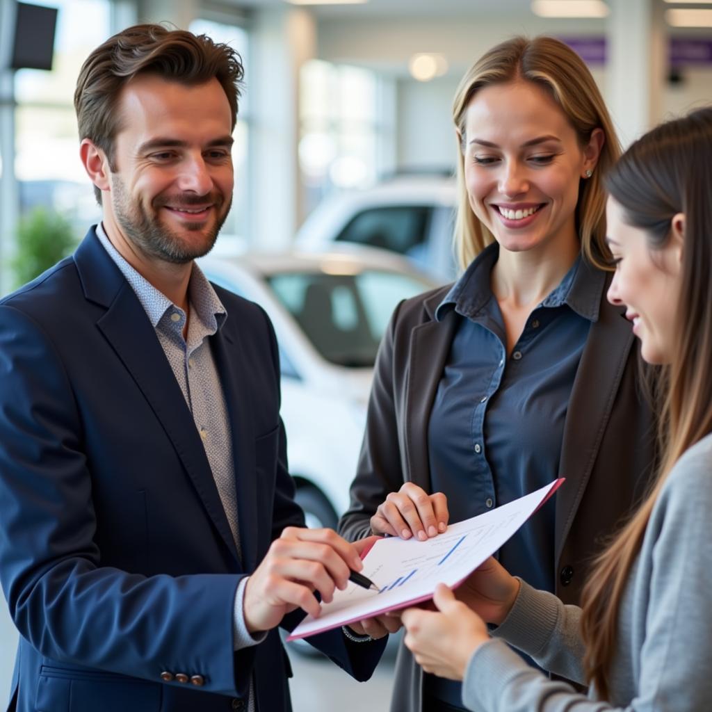  Two people sitting at a desk reviewing car financing paperwork.