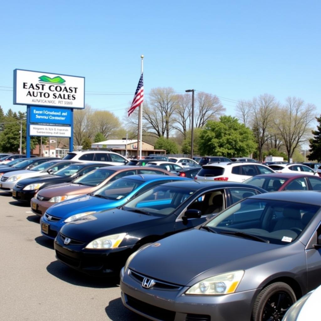 Wide shot of a used car lot on the East Coast with a variety of makes and models.