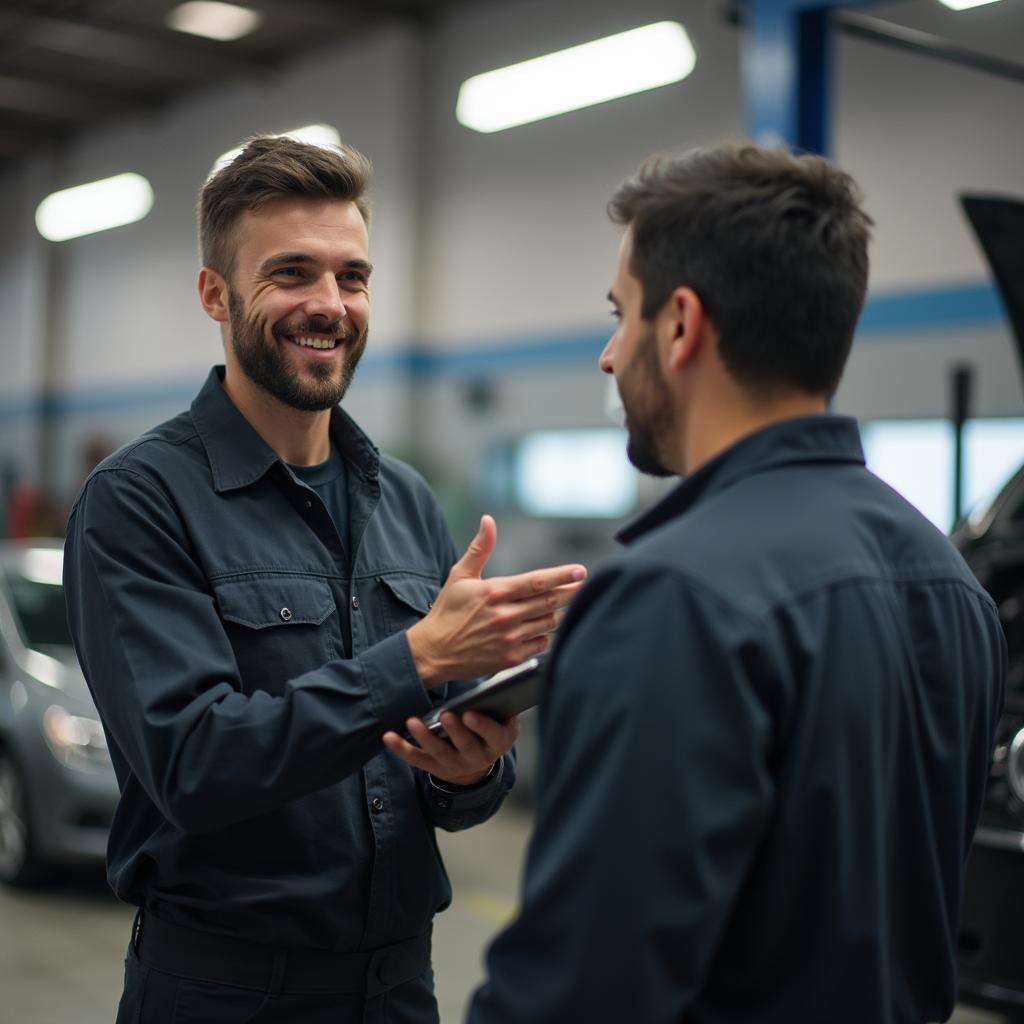 Edmonton mechanic discussing car repair with customer