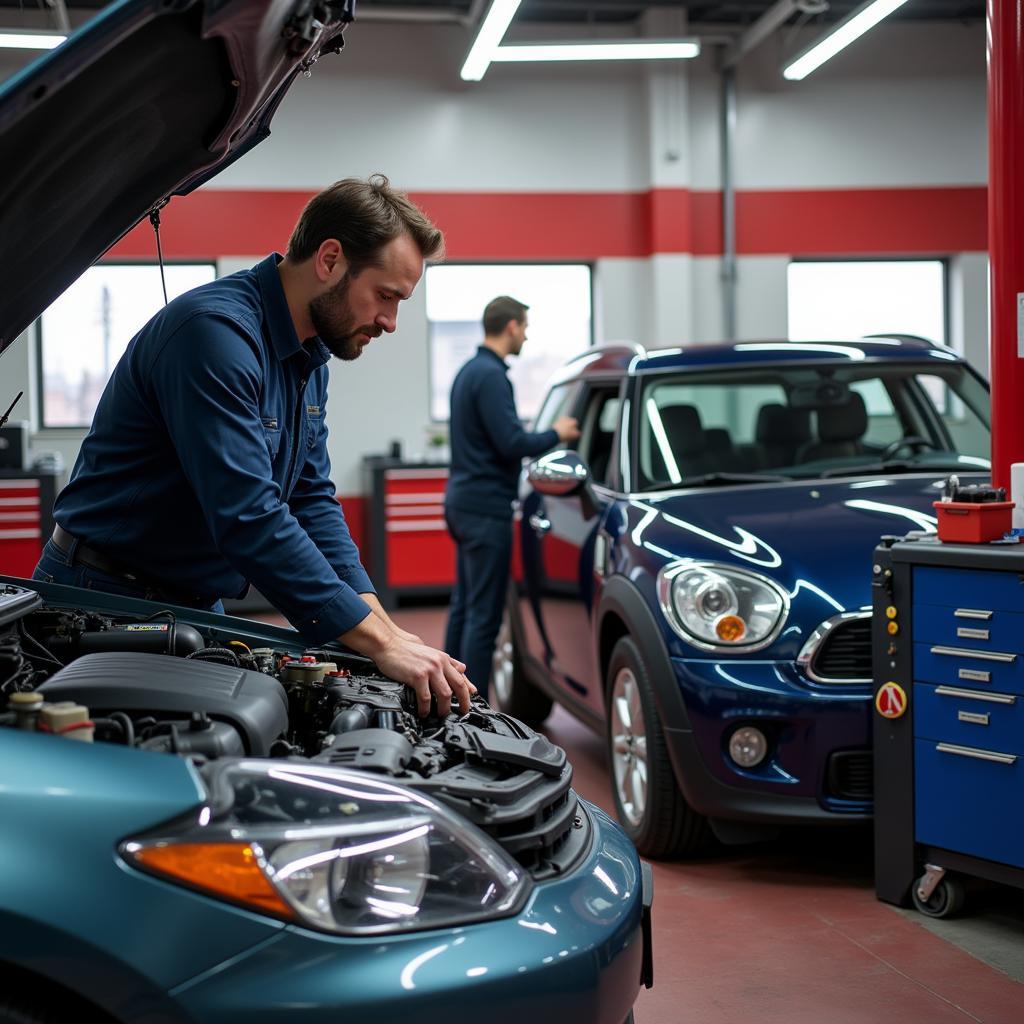 Mechanic inspecting a car in an auto shop