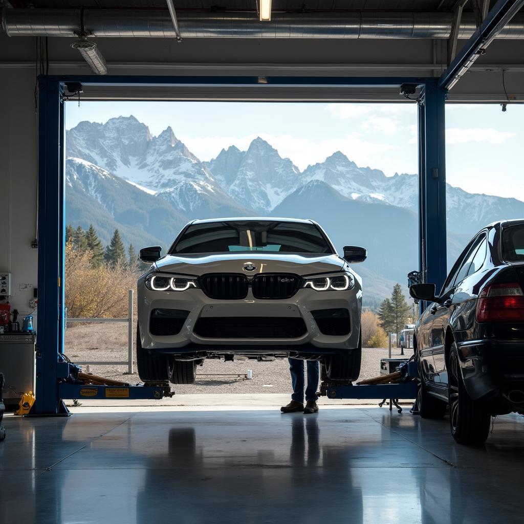 Car undergoing service at a professional auto shop in Jackson Hole