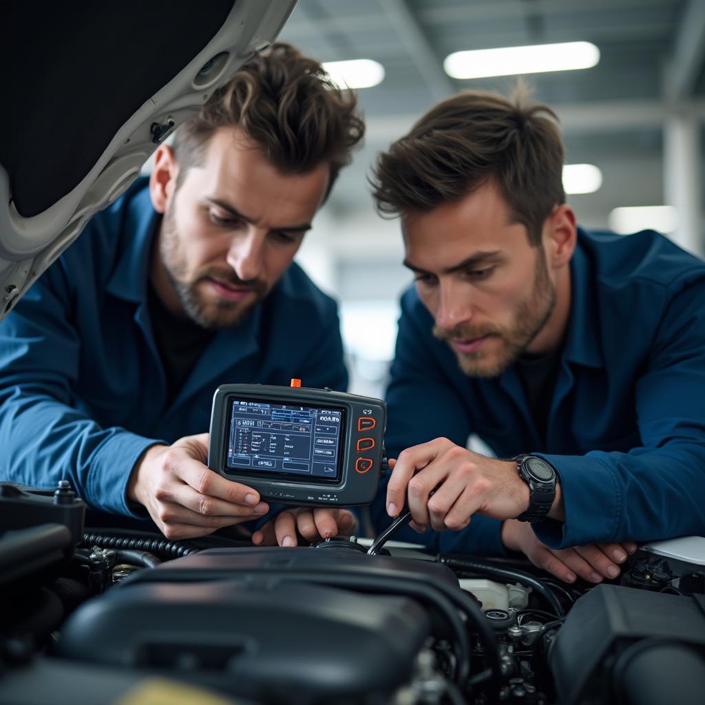 Skilled technicians performing engine diagnostics at Elite Auto Group and Services Inc.