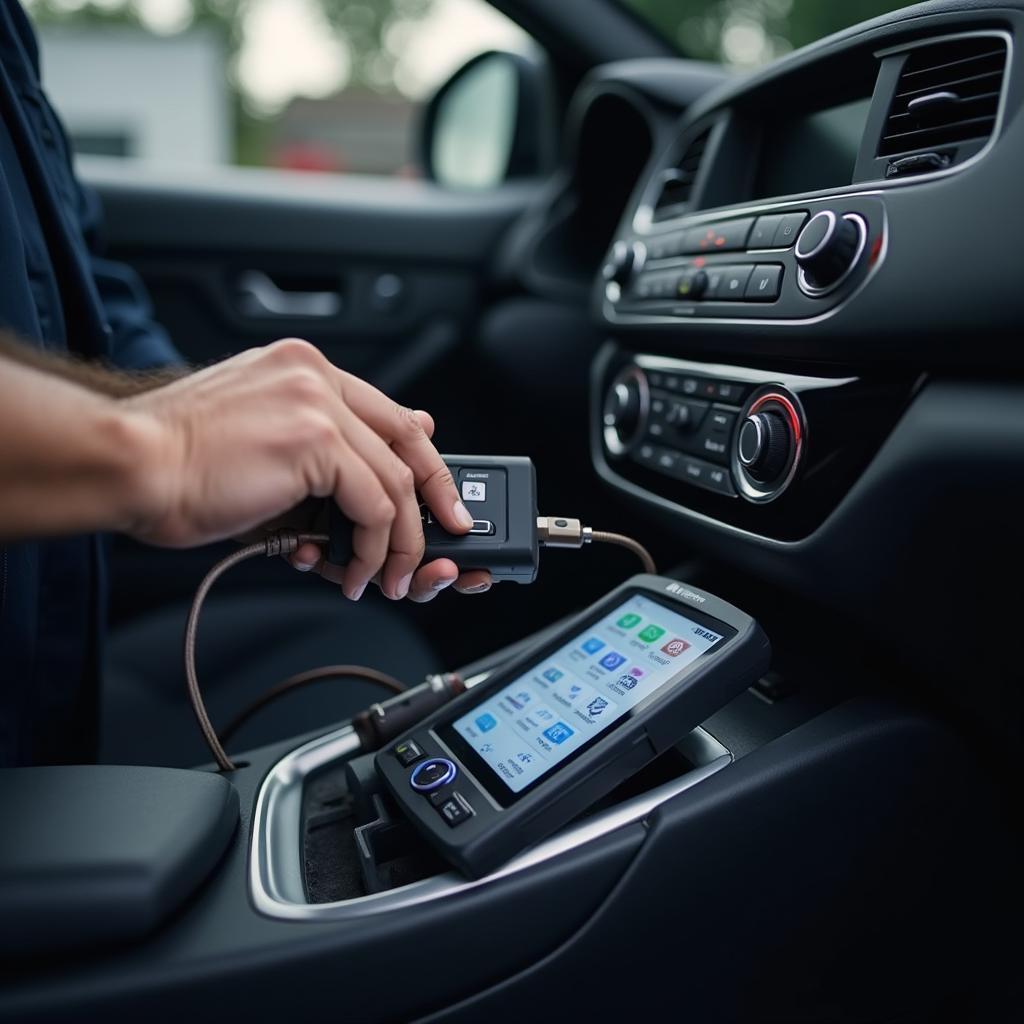 Skilled technician performing engine diagnostics using advanced equipment.