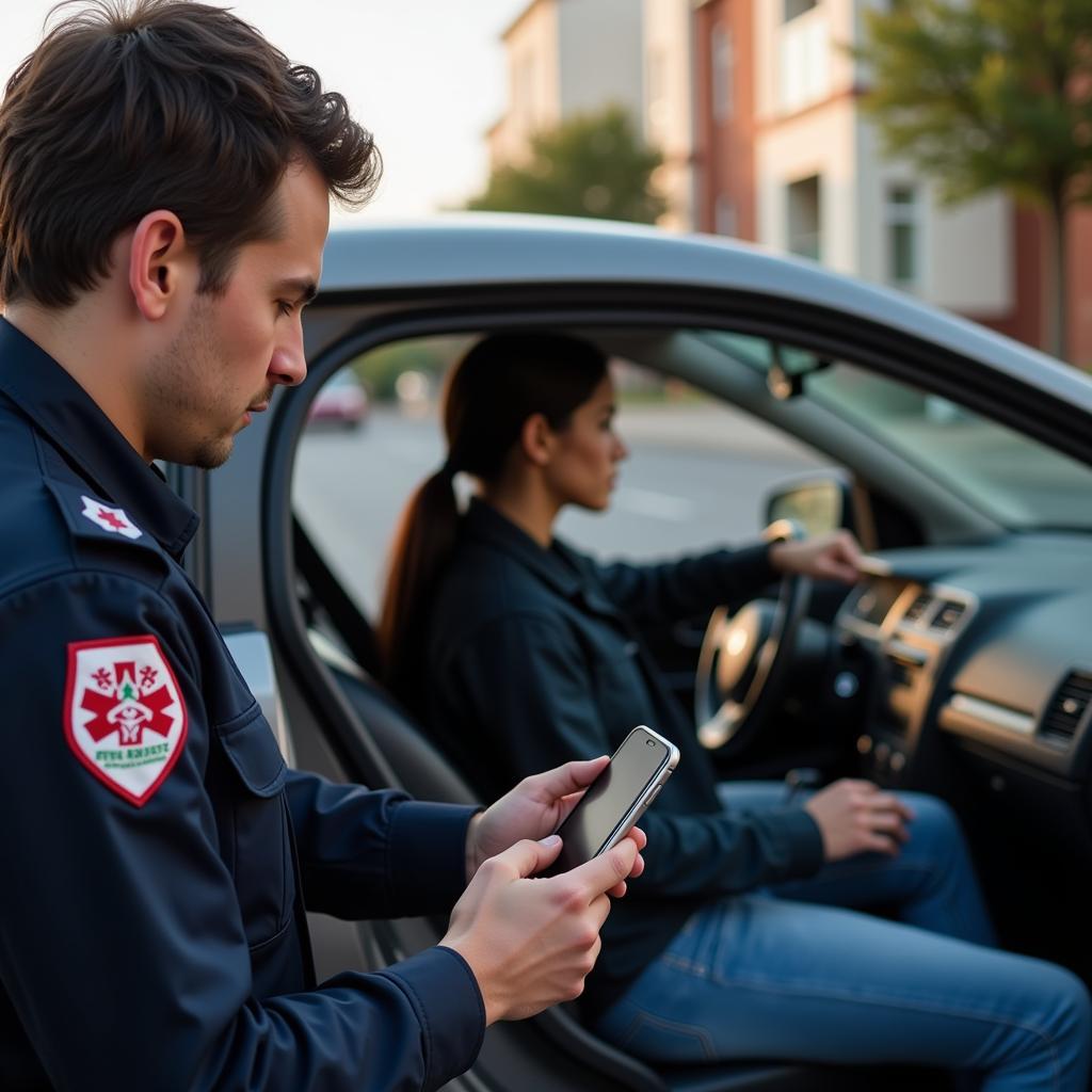 An emergency responder assisting a car accident victim while using an iPhone.