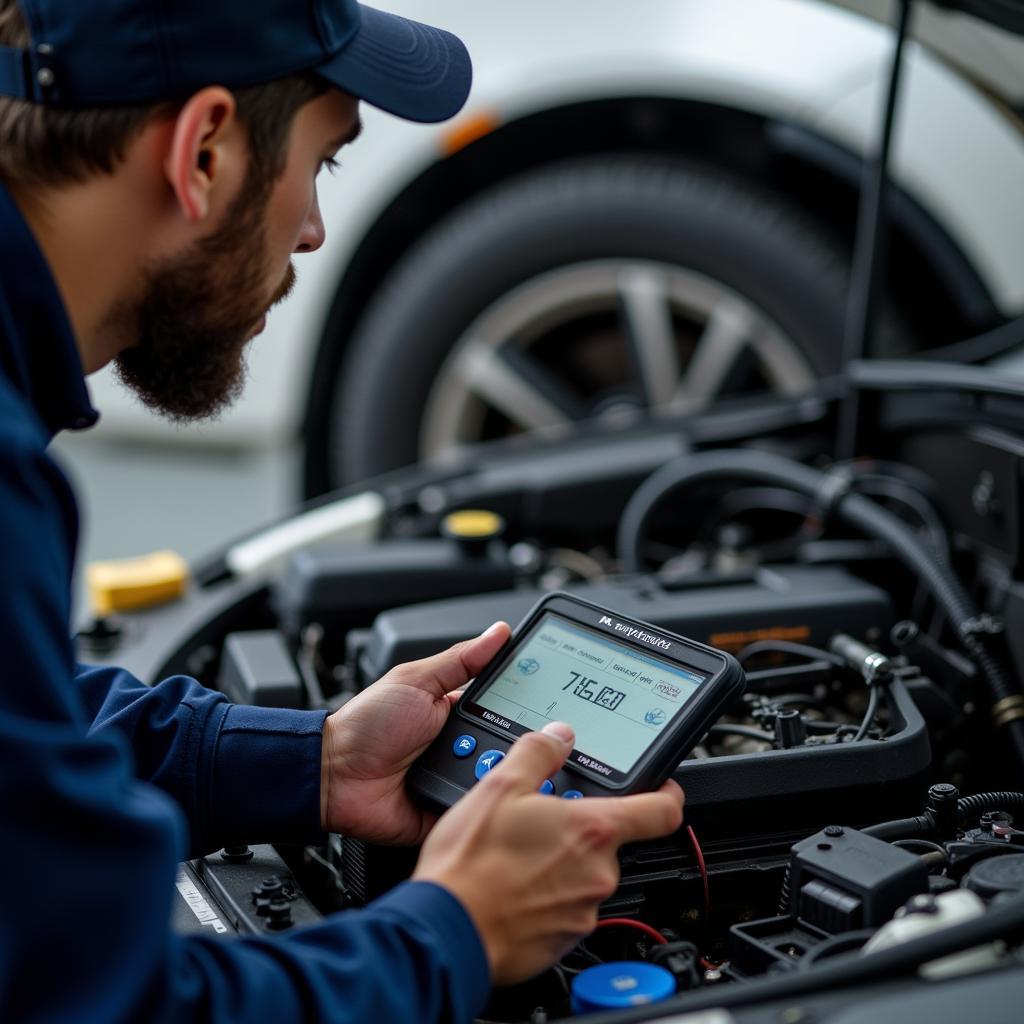 Technician Performing Engine Diagnostics