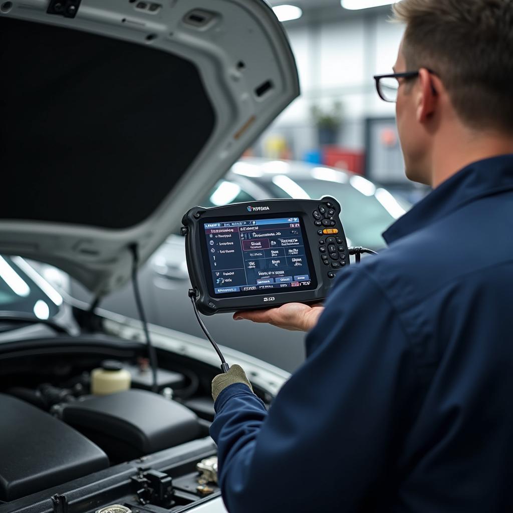 Mechanic in Topeka using diagnostic equipment on a car engine