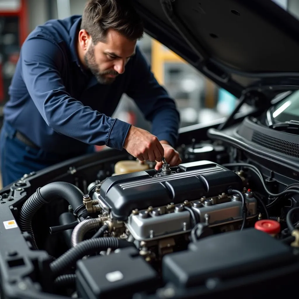 Mechanic repairing car engine head