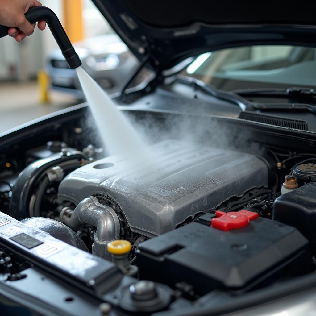 Car engine undergoing a thorough steam cleaning process