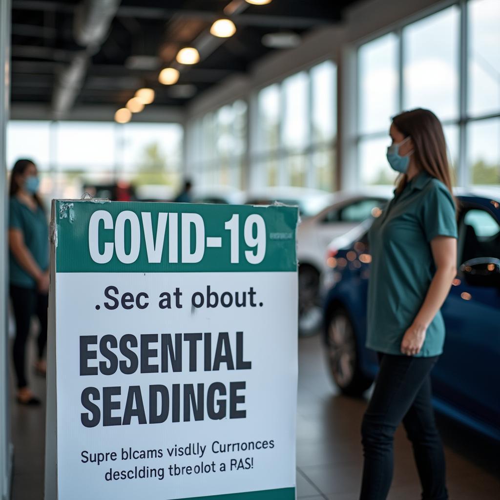 Car dealerships open during the pandemic with essential services signage