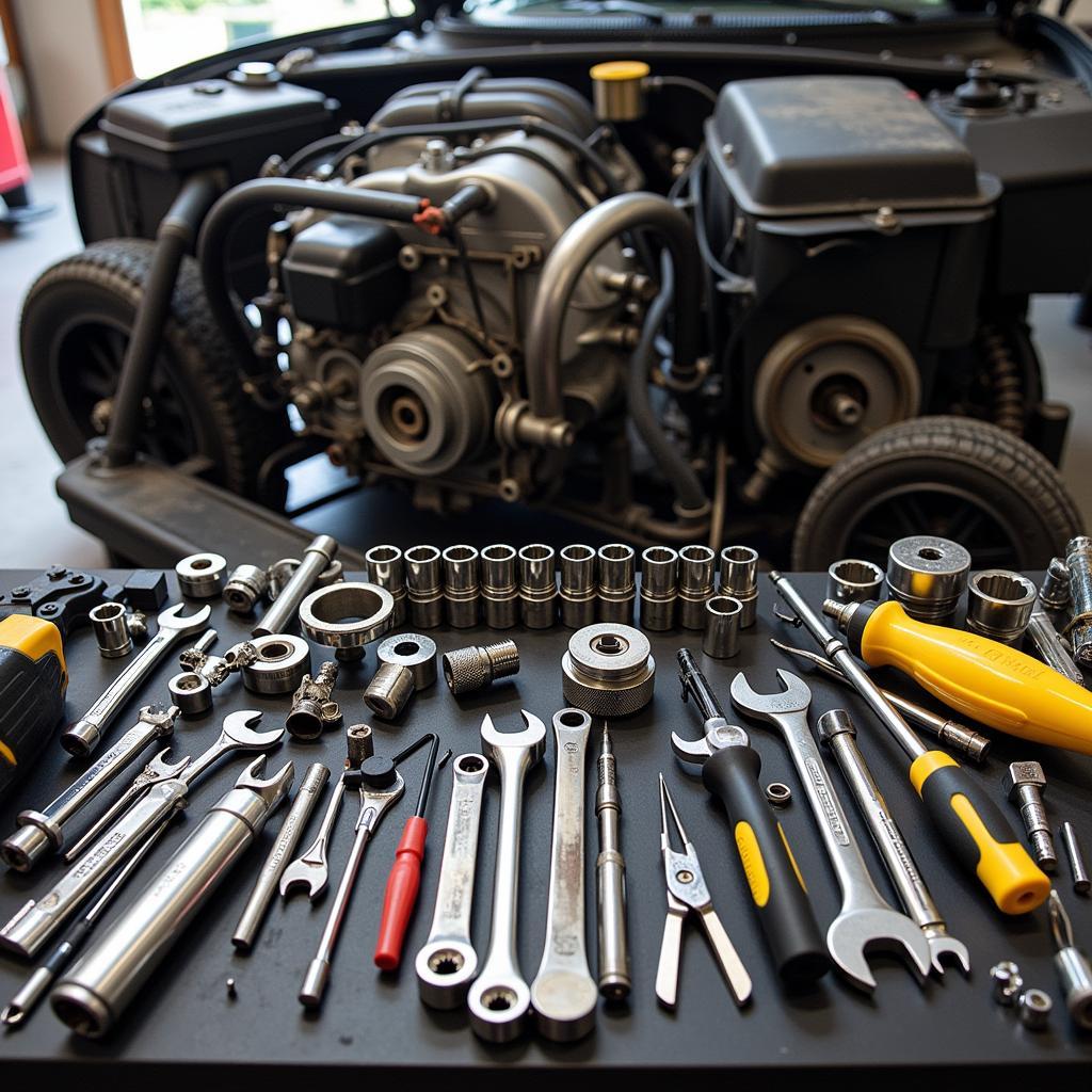 Essential tools for car engine repair laid out on a workbench