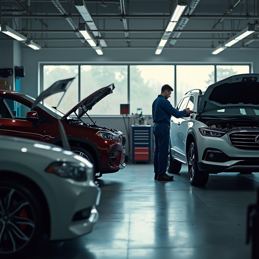 Mechanic inspecting a car in a modern auto repair shop