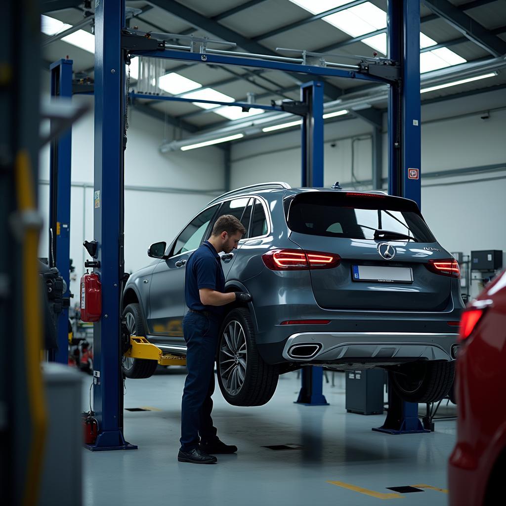 Mechanic inspecting a car in a European auto repair shop