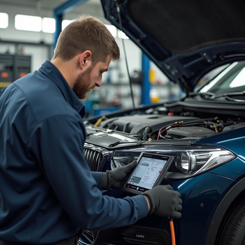 Mechanic using advanced diagnostic tools on a European car