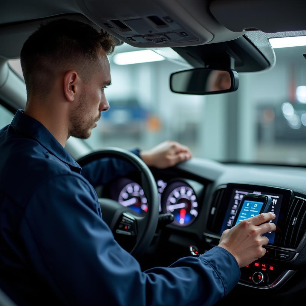 A mechanic in a uniform uses a diagnostic tool on a European car