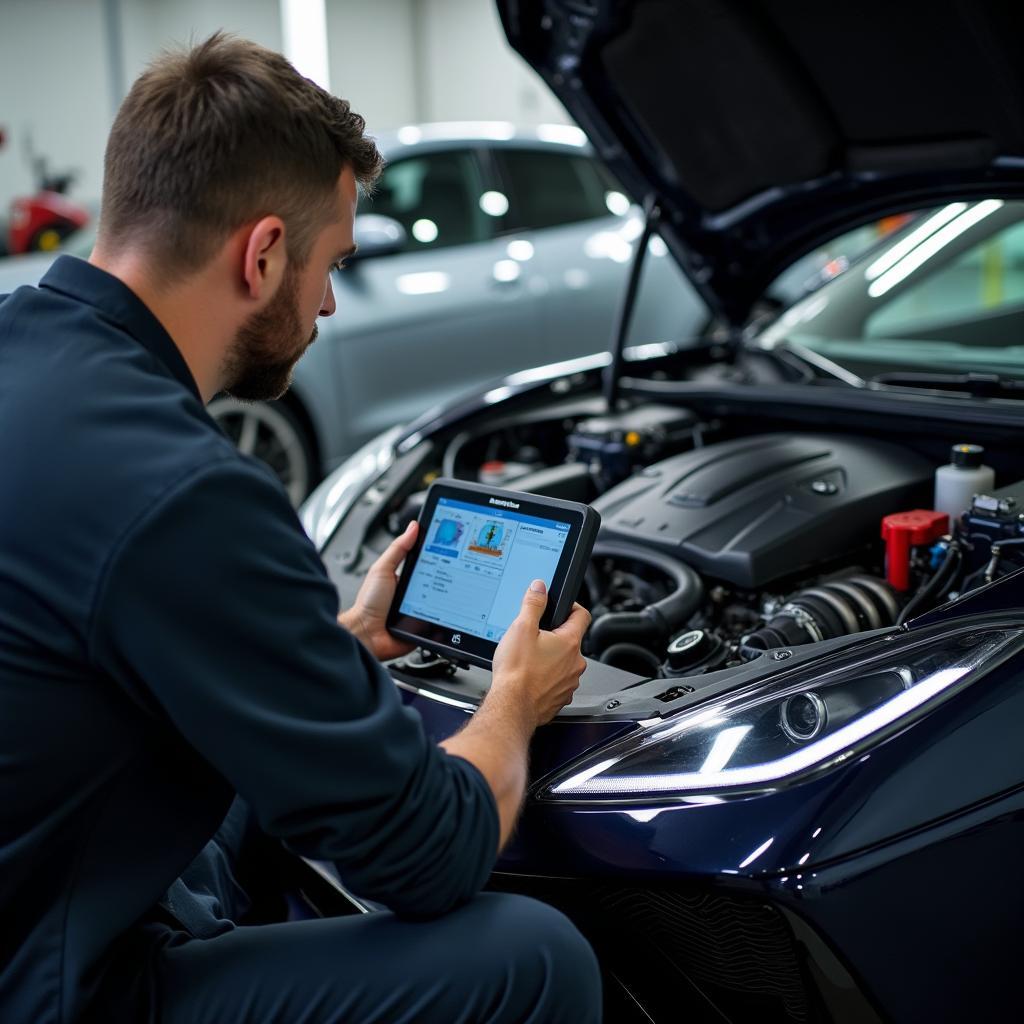 Technician performing engine diagnostics on an exotic car