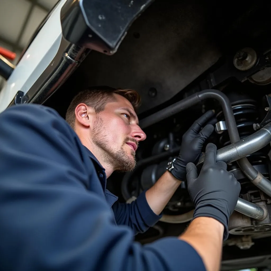 Skilled Mechanic Examining Car Suspension