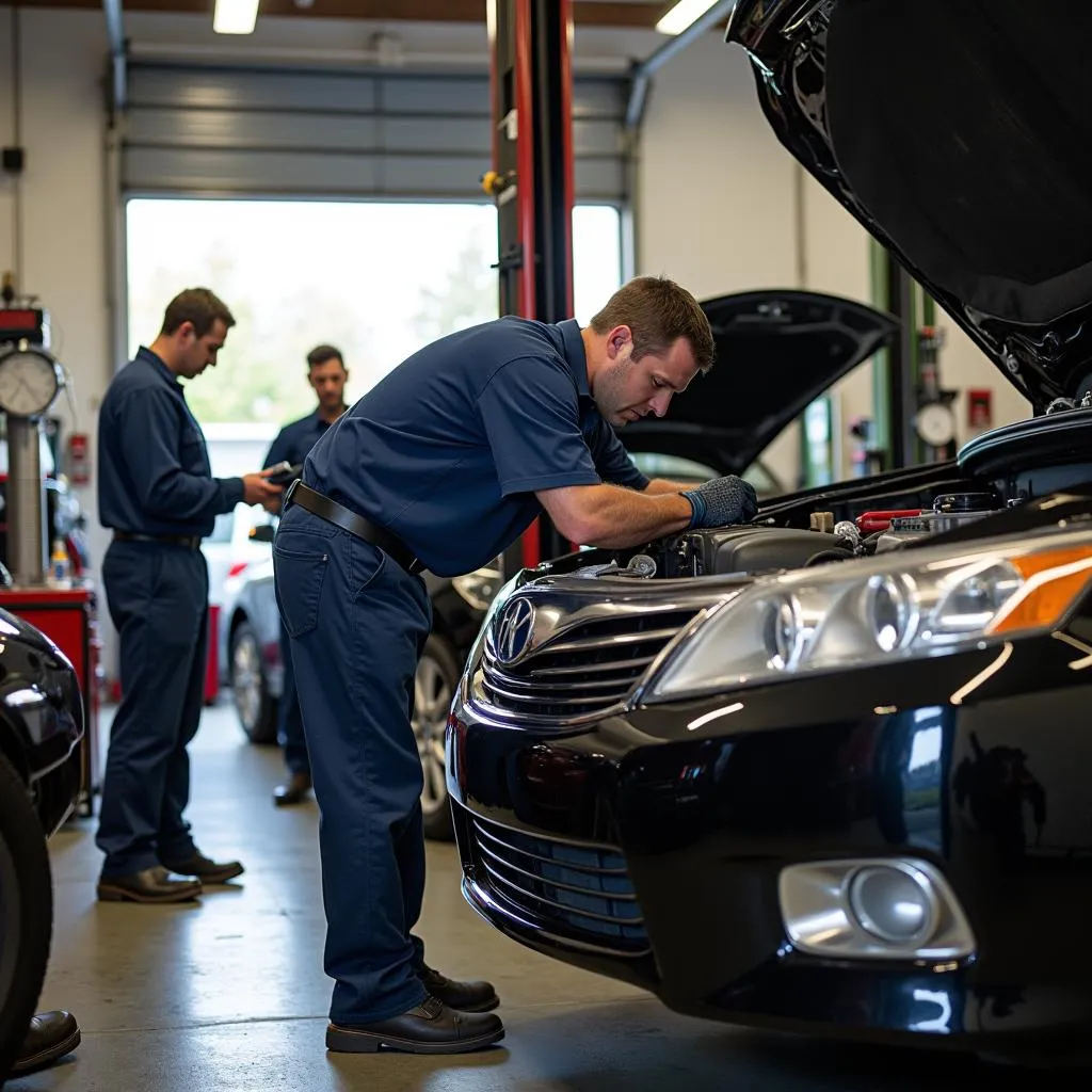 Experienced mechanics working on a car in a garage