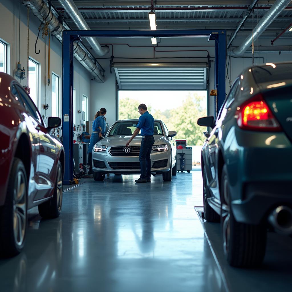 Mechanic working on a car in an express auto repair bay