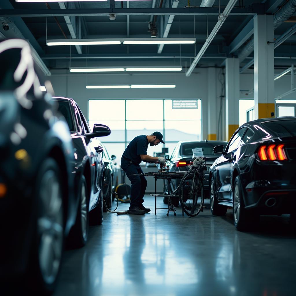 Mechanic working on a car in an express auto repair shop