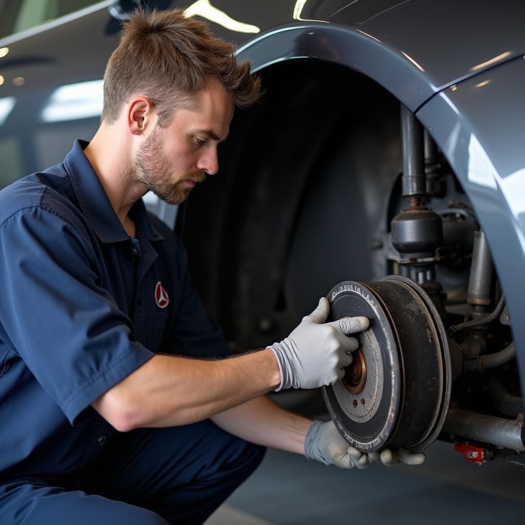 Express Auto Service Technician Performing Brake Inspection