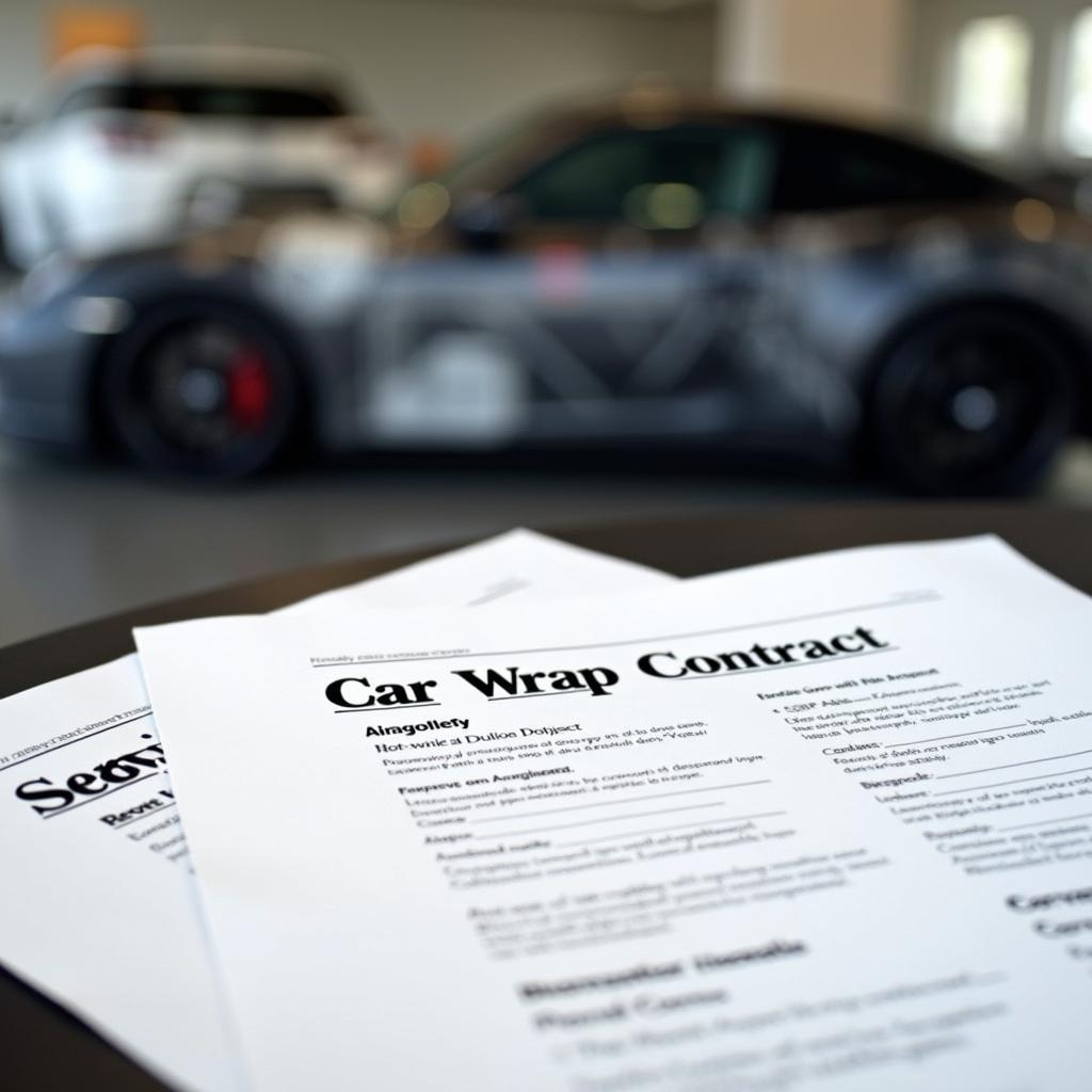 A car wrap service contract on a table with a car in the background