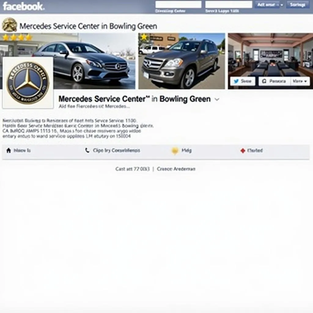  Screenshot of a Facebook Business Page for a Mercedes Service Center in Bowling Green, showcasing customer reviews, photos, and contact information.