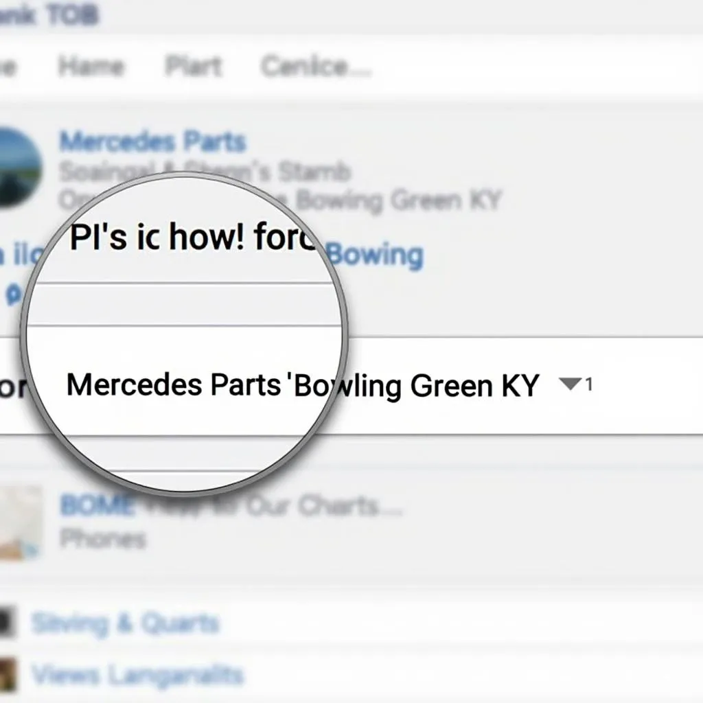  Close-up of a Facebook search bar with the search term &quot;Mercedes Parts Bowling Green KY&quot; entered.