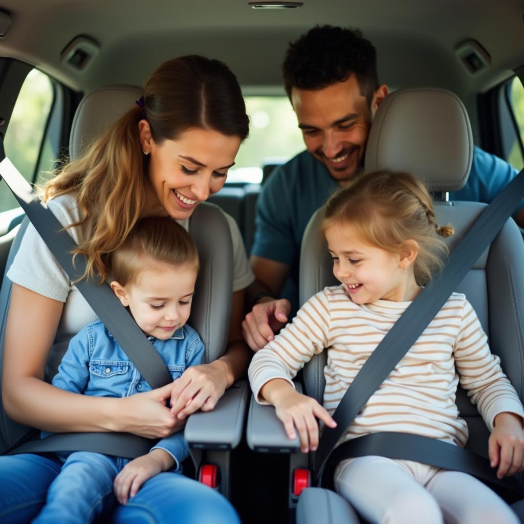 Family checking seatbelts in car