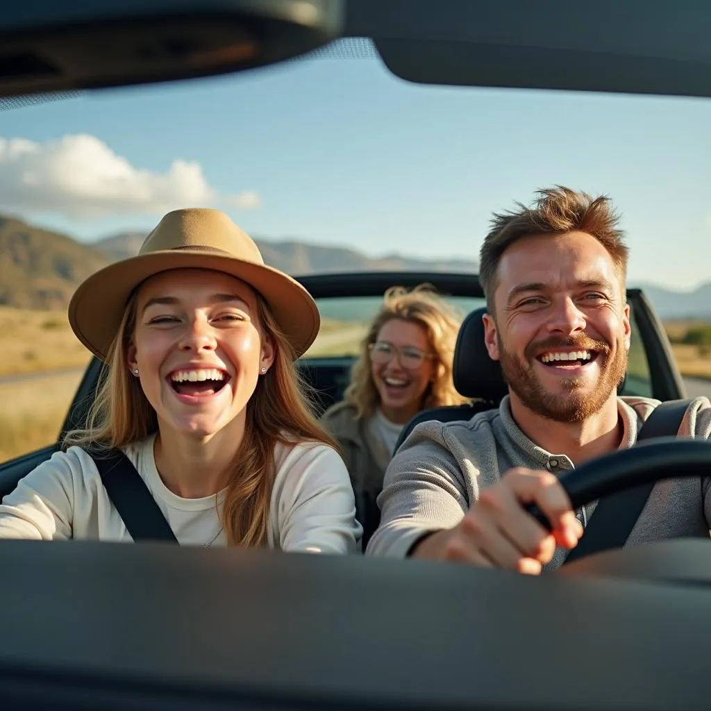 Family enjoying a road trip in their new car