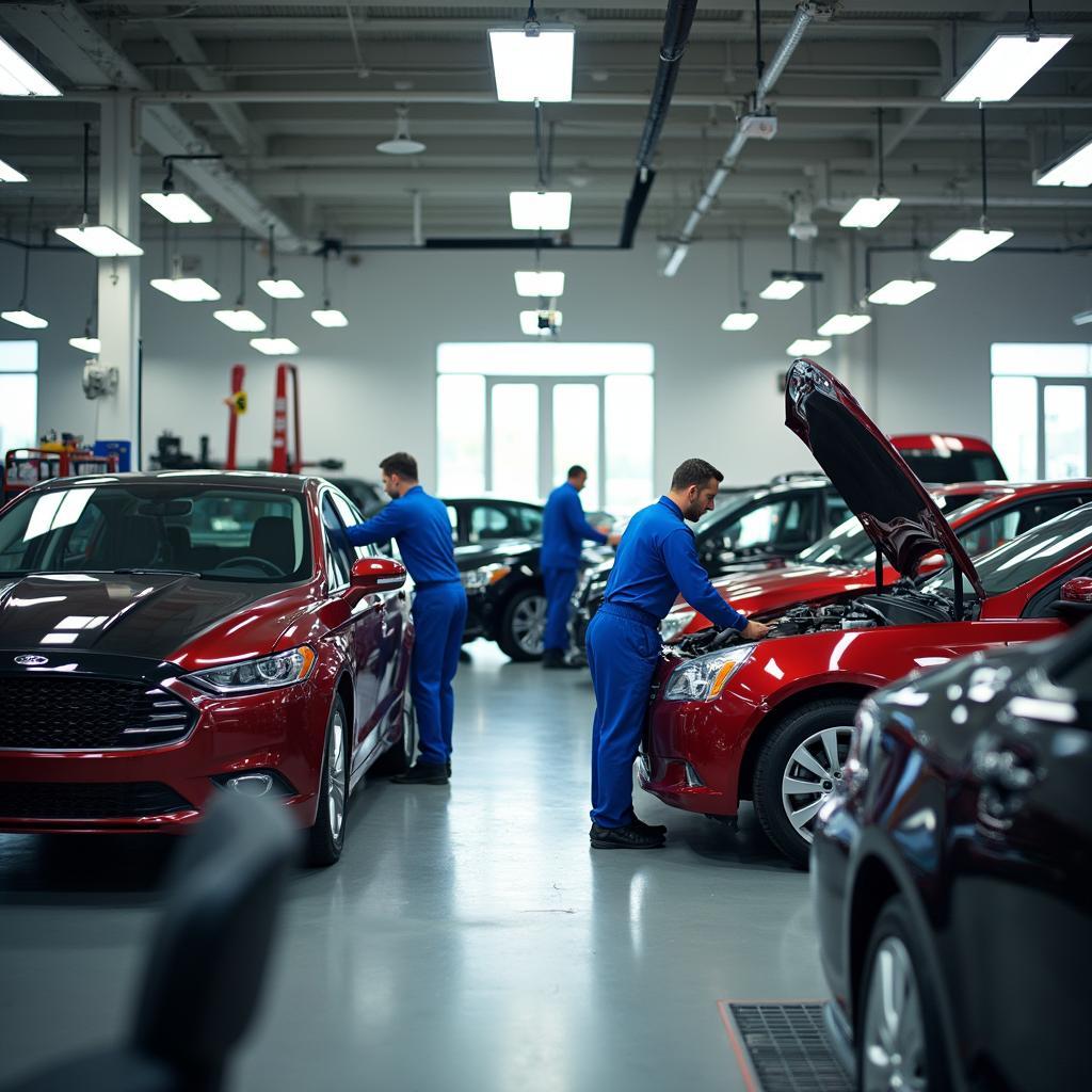 Busy auto fast service center with mechanics working on cars