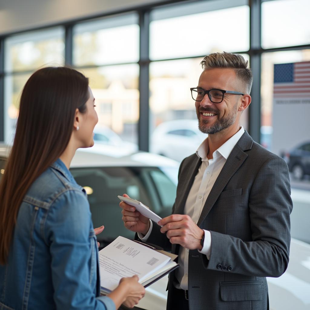 Finalizing a car purchase at a dealership with Wells Fargo financing