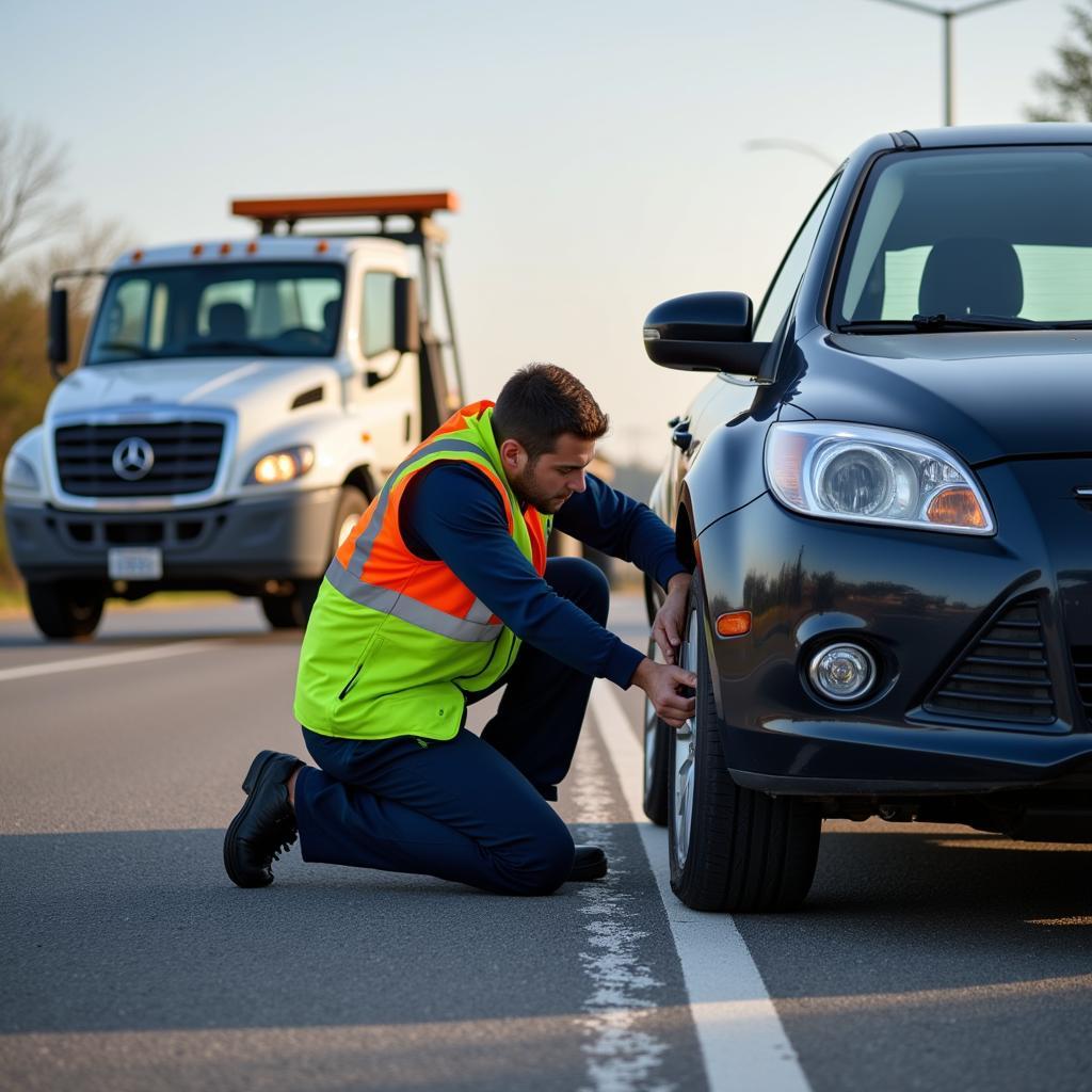 Car receiving roadside assistance for a flat tire