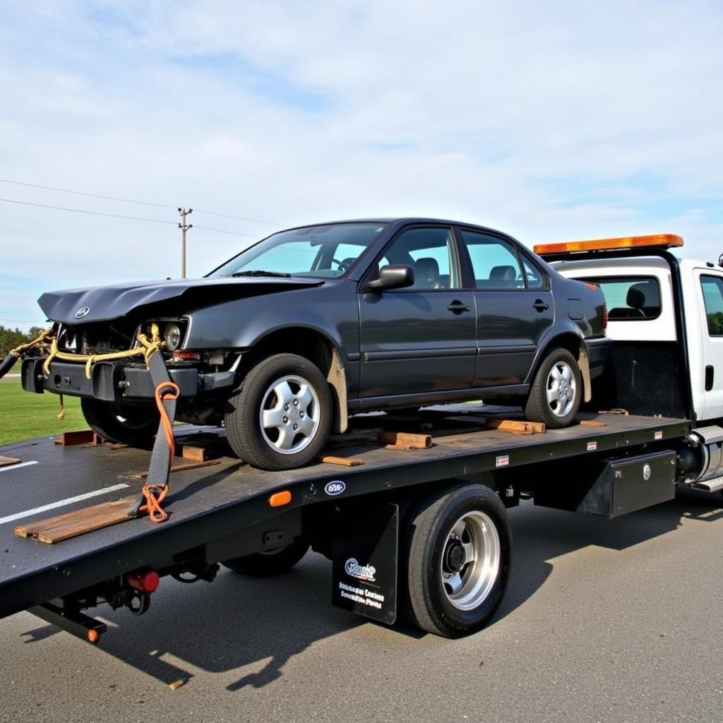 Flatbed Tow Truck Loading a Damaged Car