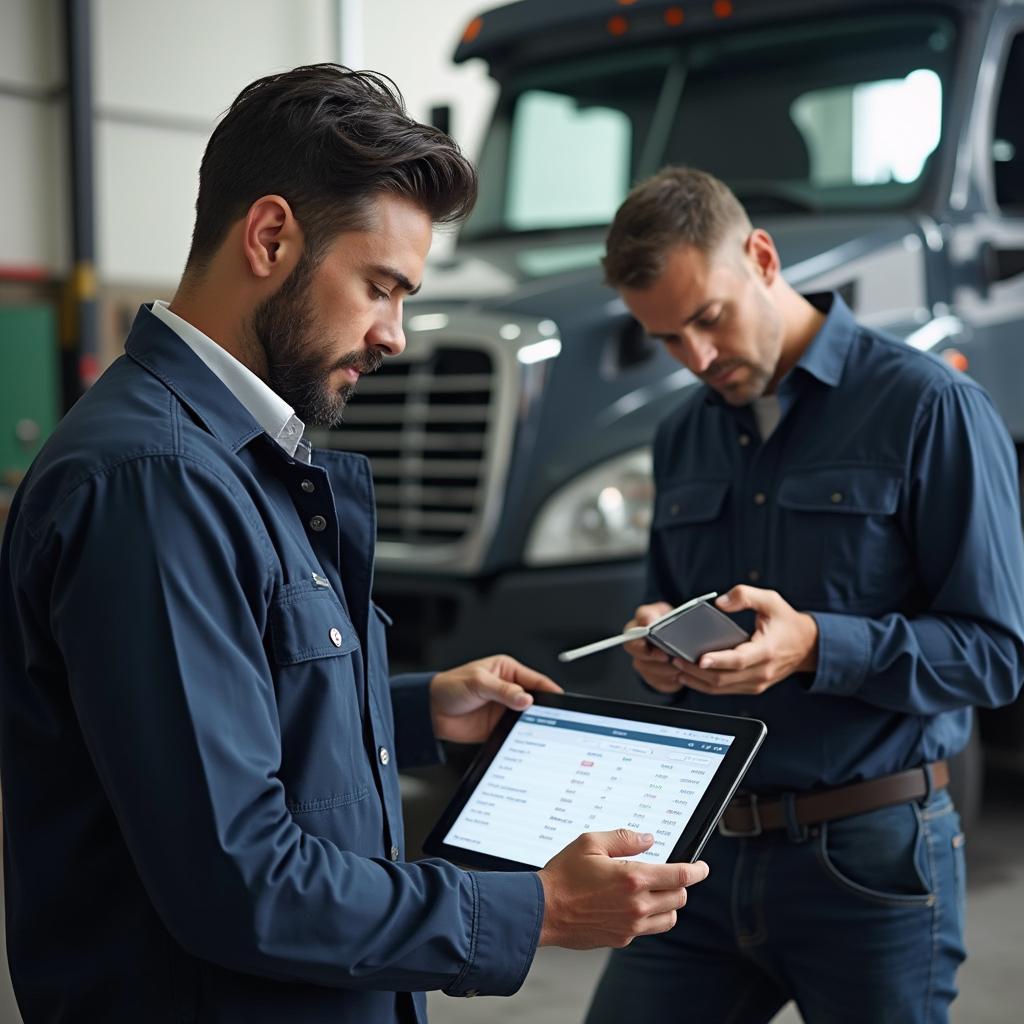 Fleet manager reviewing a repair estimate at an auto body shop in Jackson, MI