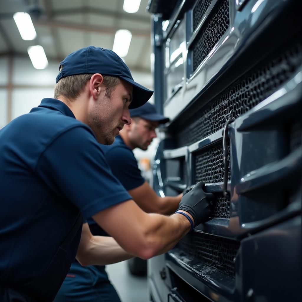 Technicians performing maintenance on a fleet vehicle