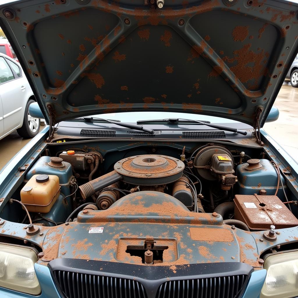 Flood Damaged Engine Compartment: Showing extensive corrosion and water damage in a car's engine bay after a flood.