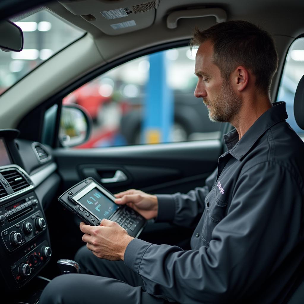 Skilled technician diagnosing a car radio issue in Florida