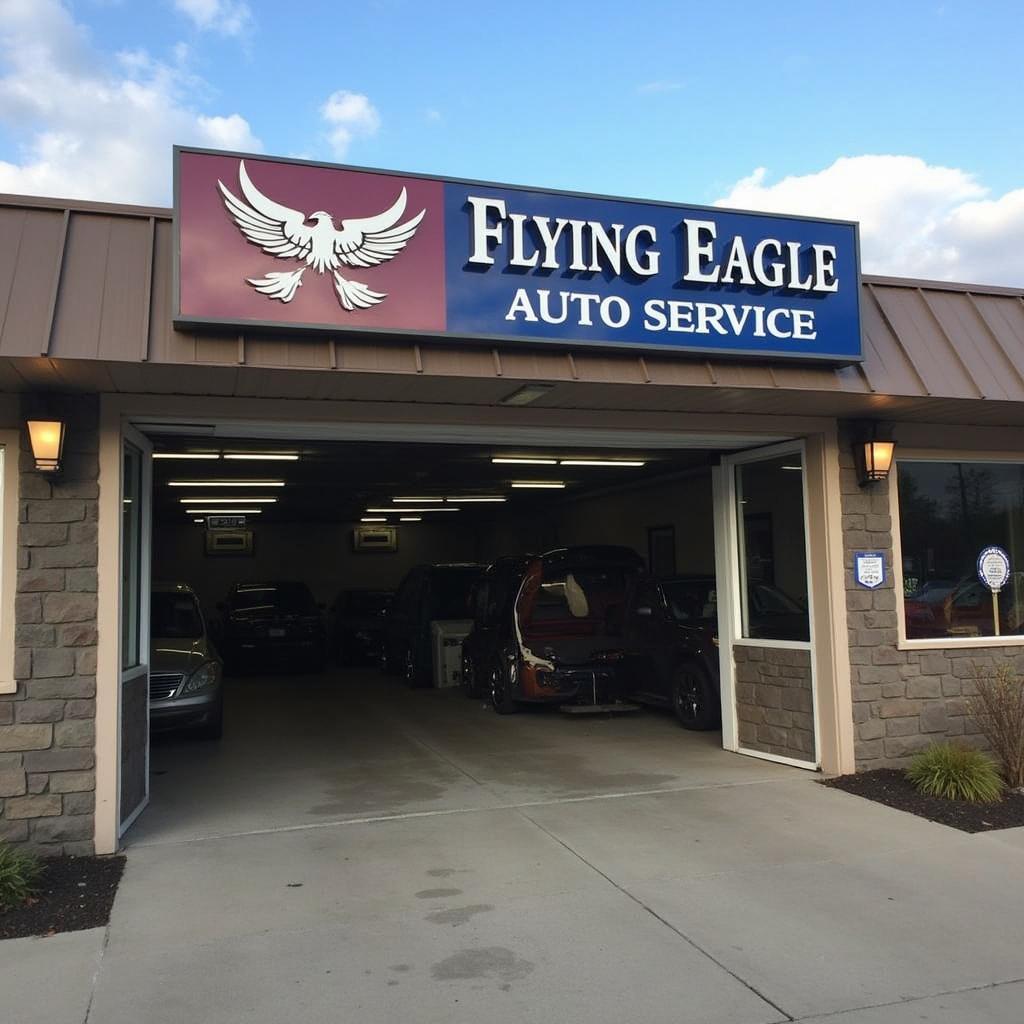 Modern auto service shop exterior with Flying Eagle Auto Service signage