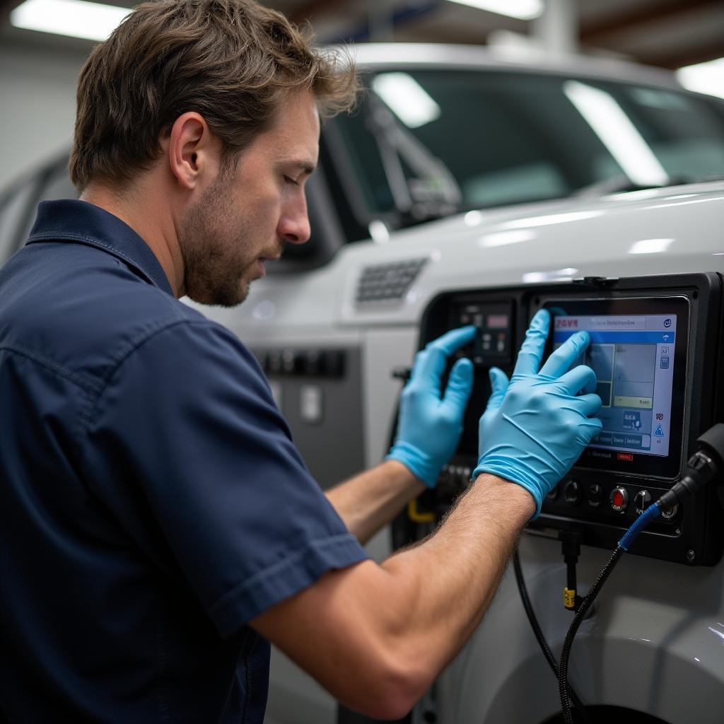 Certified automotive technician using a high-tech diagnostic tool on a car