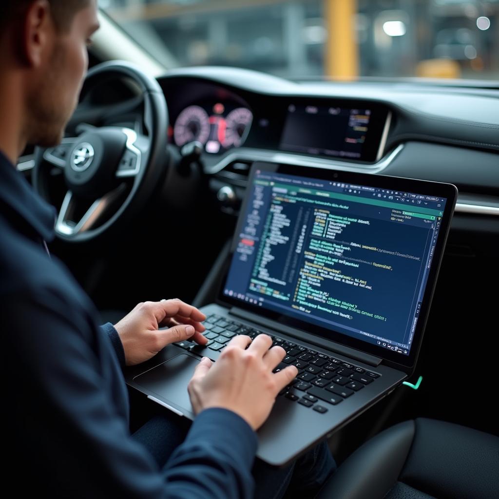 A mechanic uses advanced diagnostic tools on a foreign car in Alameda.