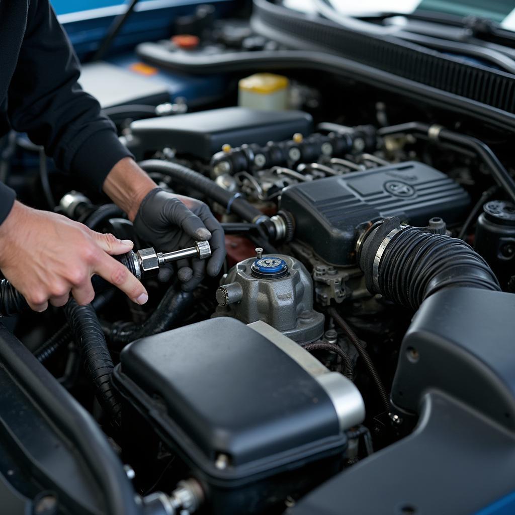 Mechanic Working on Foreign Car Engine