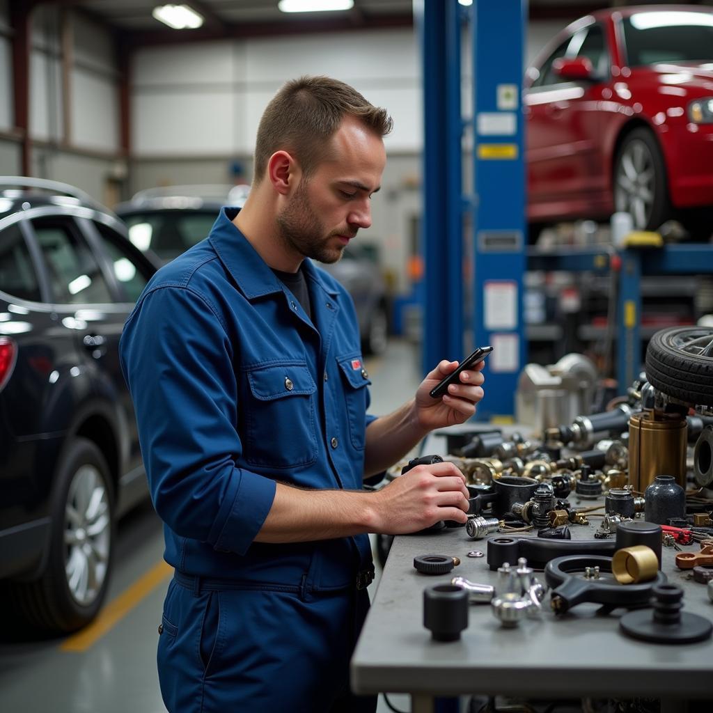 Mechanic Examining Foreign Car Parts